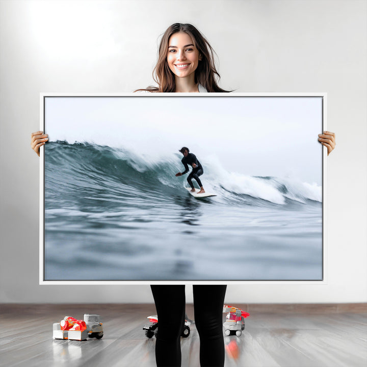 Surfer on Wave Wall Art Canvas Print, Ocean Adventure Print, Framed Motion Blur Water Art Print, Large Deep Blue Surf Printing