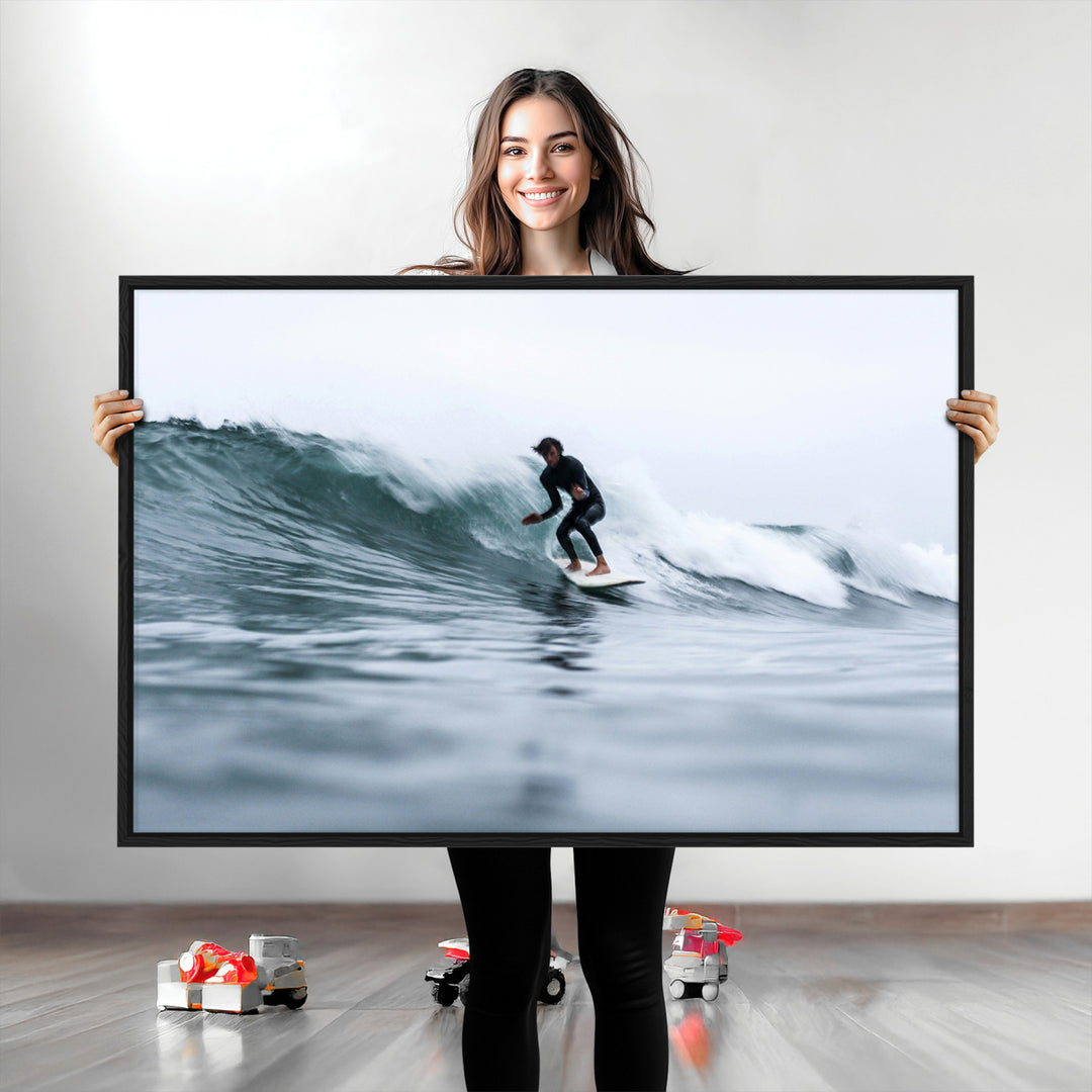 Surfer on Wave Wall Art Canvas Print, Ocean Adventure Print, Framed Motion Blur Water Art Print, Large Deep Blue Surf Printing