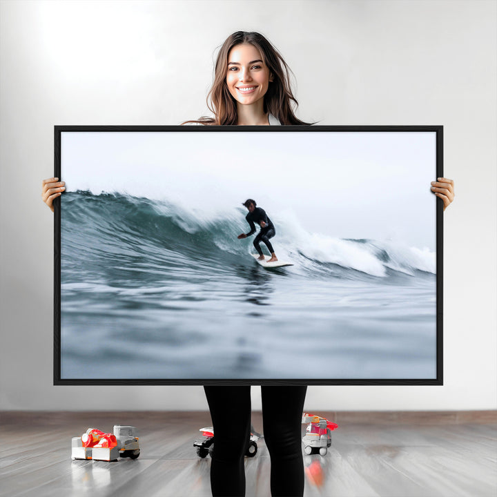 Surfer on Wave Wall Art Canvas Print, Ocean Adventure Print, Framed Motion Blur Water Art Print, Large Deep Blue Surf Printing