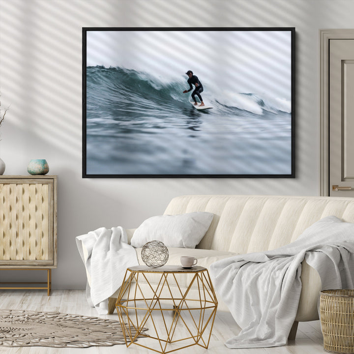 Surfer on Wave Wall Art Canvas Print, Ocean Adventure Print, Framed Motion Blur Water Art Print, Large Deep Blue Surf Printing