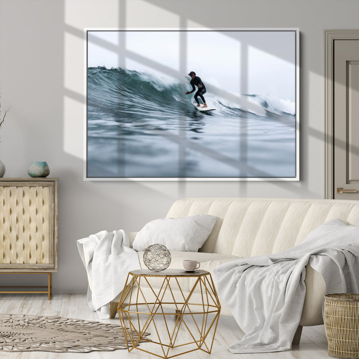 Surfer on Wave Wall Art Canvas Print, Ocean Adventure Print, Framed Motion Blur Water Art Print, Large Deep Blue Surf Printing