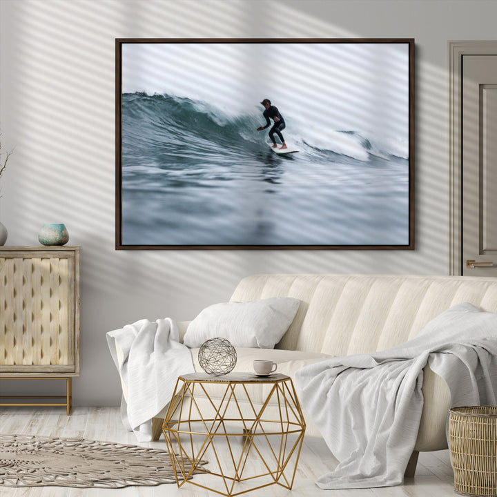 Surfer on Wave Wall Art Canvas Print, Ocean Adventure Print, Framed Motion Blur Water Art Print, Large Deep Blue Surf Printing