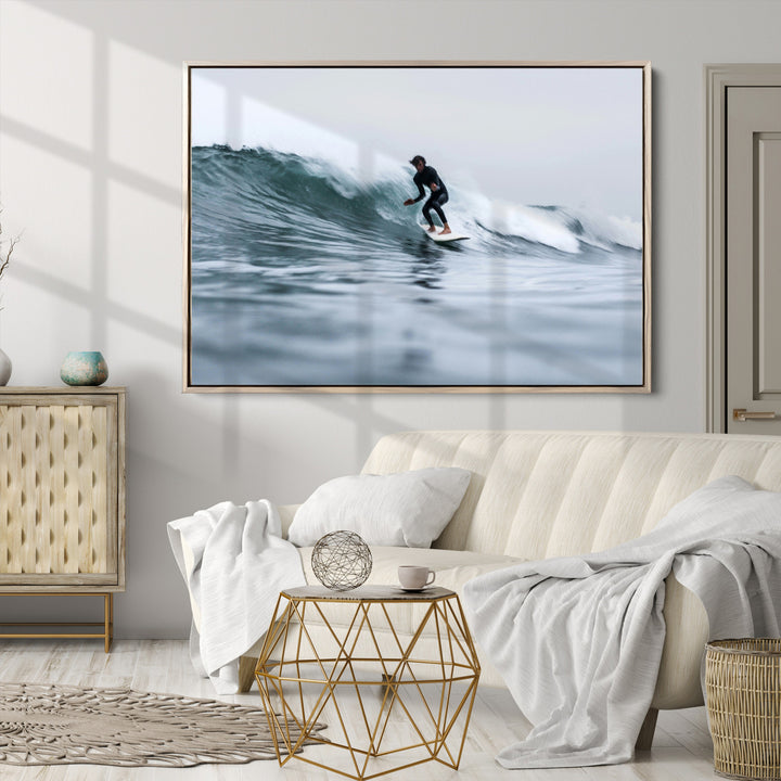 Surfer on Wave Wall Art Canvas Print, Ocean Adventure Print, Framed Motion Blur Water Art Print, Large Deep Blue Surf Printing