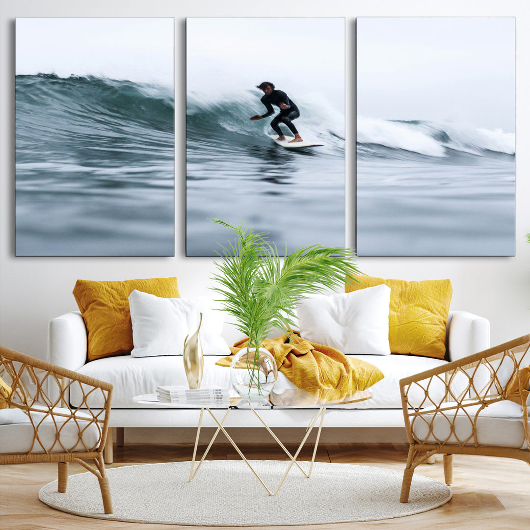11693607-MGV-CV-36X24-Surfer on Wave Wall Art Canvas Print, Ocean Adventure Print, Framed Motion Blur Water Art Print, Large Deep Blue Surf Printing