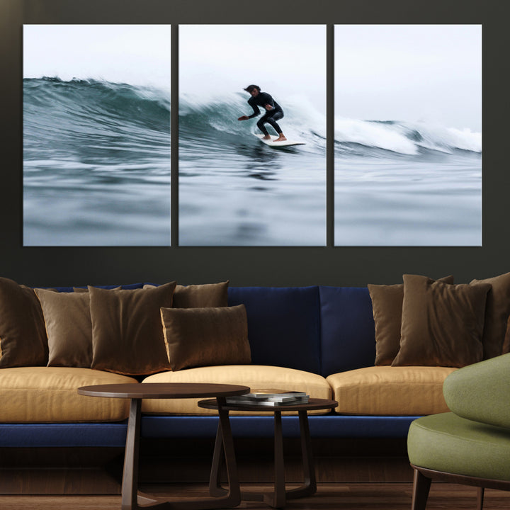 11693607-MGV-CV-36X24-Surfer on Wave Wall Art Canvas Print, Ocean Adventure Print, Framed Motion Blur Water Art Print, Large Deep Blue Surf Printing