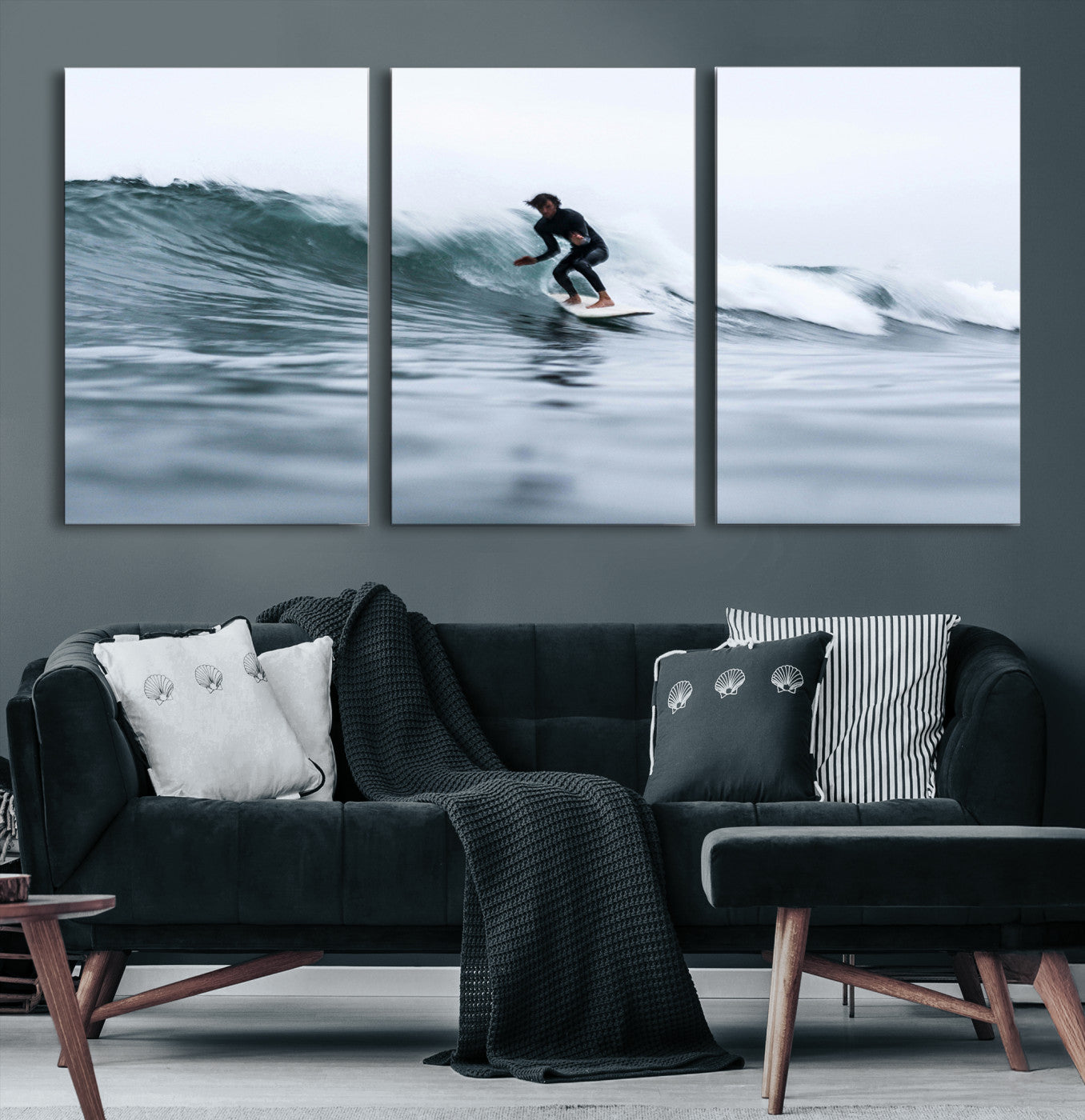 11693607-MGV-CV-36X24-Surfer on Wave Wall Art Canvas Print, Ocean Adventure Print, Framed Motion Blur Water Art Print, Large Deep Blue Surf Printing