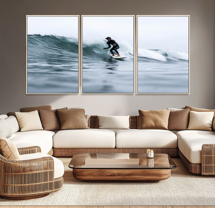 11693607-MGV-CV-36X24-Surfer on Wave Wall Art Canvas Print, Ocean Adventure Print, Framed Motion Blur Water Art Print, Large Deep Blue Surf Printing