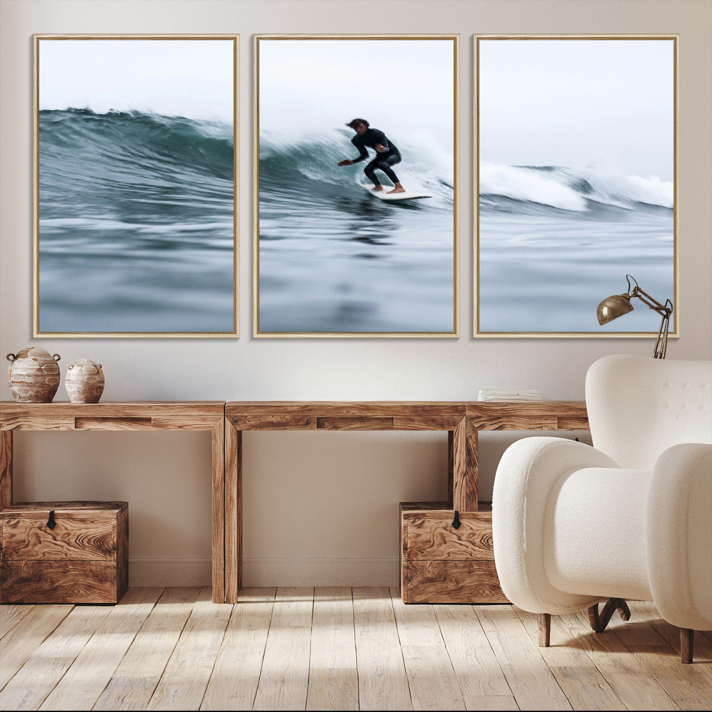 11693607-MGV-CV-36X24-Surfer on Wave Wall Art Canvas Print, Ocean Adventure Print, Framed Motion Blur Water Art Print, Large Deep Blue Surf Printing