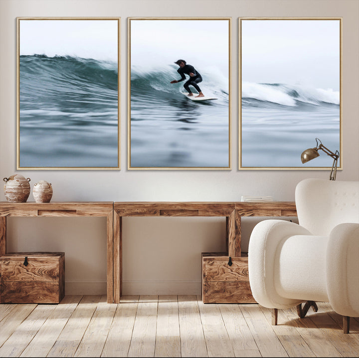 11693607-MGV-CV-36X24-Surfer on Wave Wall Art Canvas Print, Ocean Adventure Print, Framed Motion Blur Water Art Print, Large Deep Blue Surf Printing