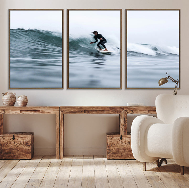 11693607-MGV-CV-36X24-Surfer on Wave Wall Art Canvas Print, Ocean Adventure Print, Framed Motion Blur Water Art Print, Large Deep Blue Surf Printing