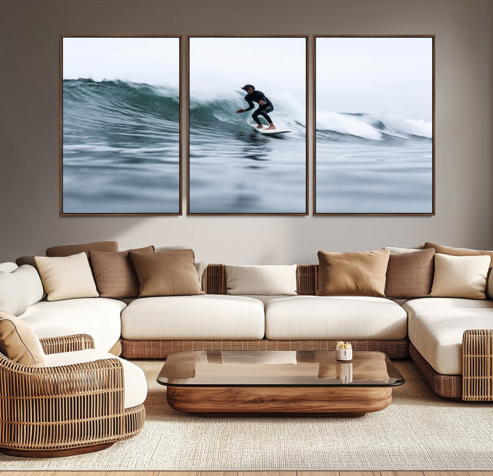 11693607-MGV-CV-36X24-Surfer on Wave Wall Art Canvas Print, Ocean Adventure Print, Framed Motion Blur Water Art Print, Large Deep Blue Surf Printing