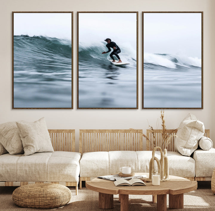 11693607-MGV-CV-36X24-Surfer on Wave Wall Art Canvas Print, Ocean Adventure Print, Framed Motion Blur Water Art Print, Large Deep Blue Surf Printing