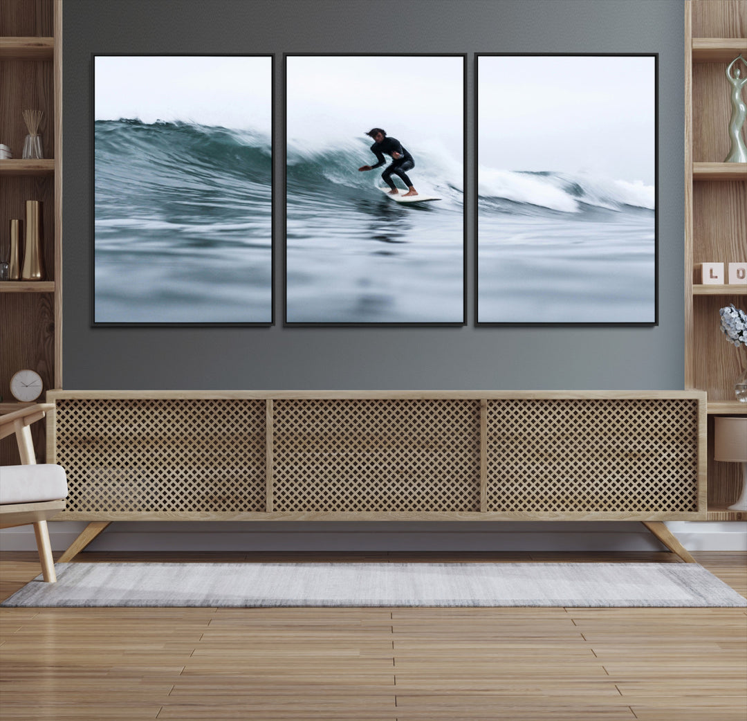 11693607-MGV-CV-36X24-Surfer on Wave Wall Art Canvas Print, Ocean Adventure Print, Framed Motion Blur Water Art Print, Large Deep Blue Surf Printing