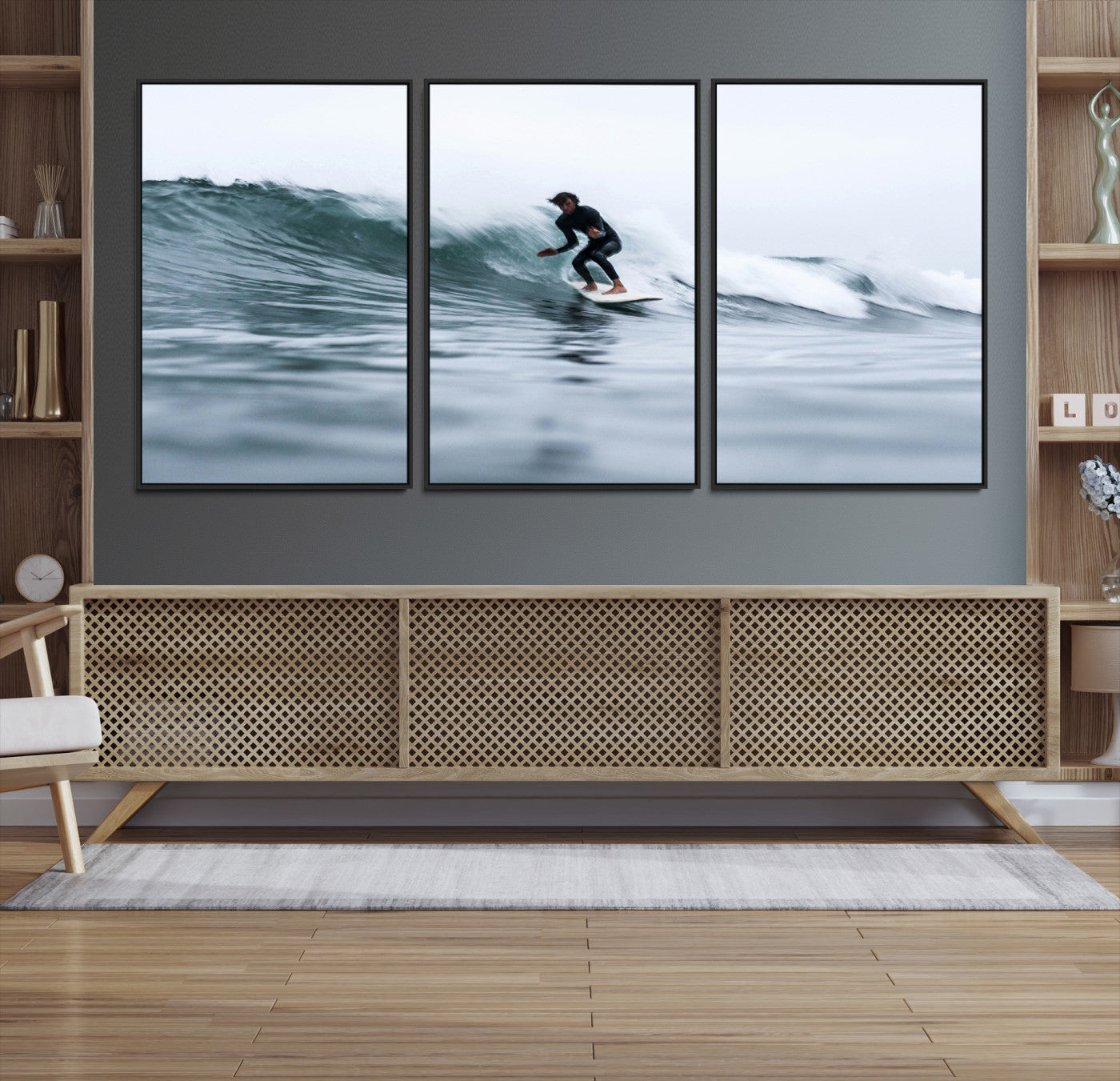 11693607-MGV-CV-36X24-Surfer on Wave Wall Art Canvas Print, Ocean Adventure Print, Framed Motion Blur Water Art Print, Large Deep Blue Surf Printing