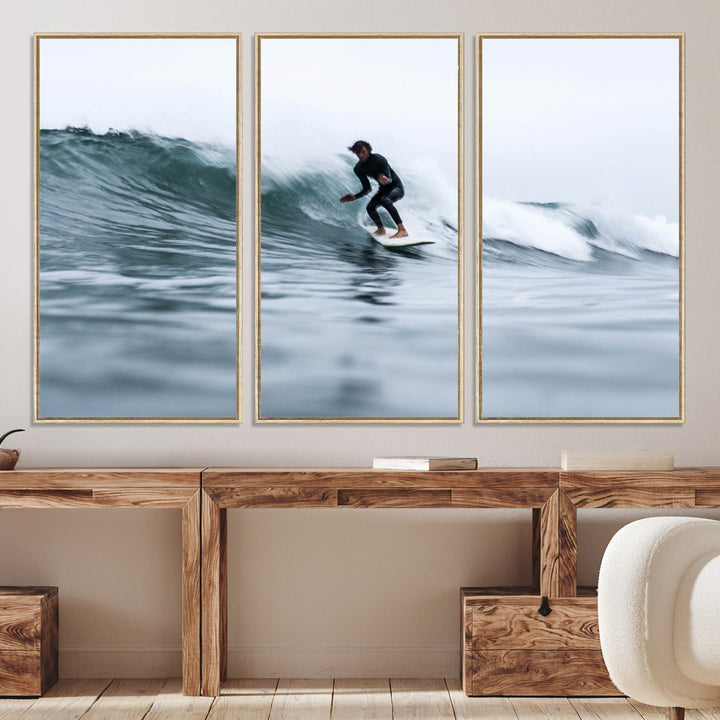 11693607-MGV-CV-36X24-Surfer on Wave Wall Art Canvas Print, Ocean Adventure Print, Framed Motion Blur Water Art Print, Large Deep Blue Surf Printing