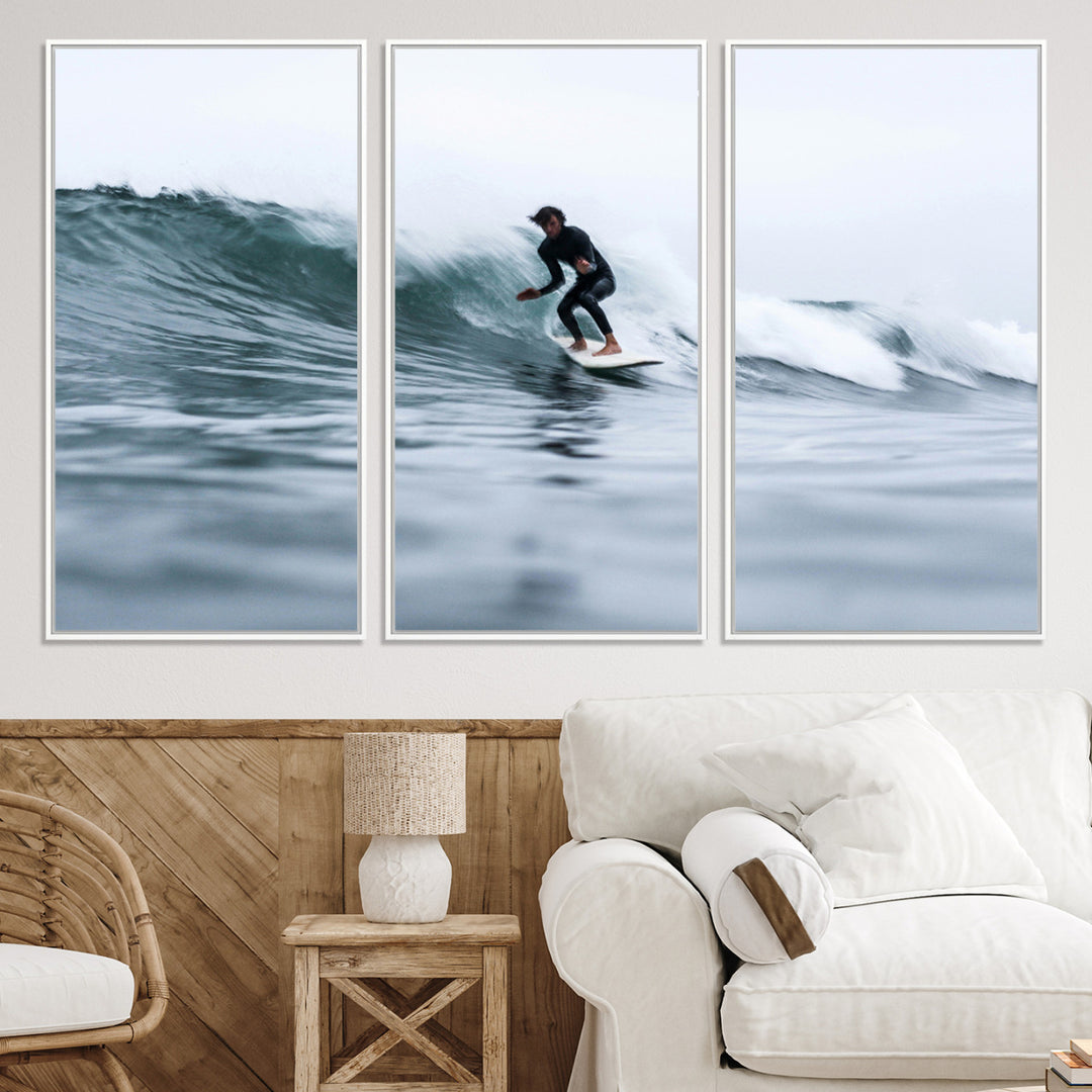 11693607-MGV-CV-36X24-Surfer on Wave Wall Art Canvas Print, Ocean Adventure Print, Framed Motion Blur Water Art Print, Large Deep Blue Surf Printing