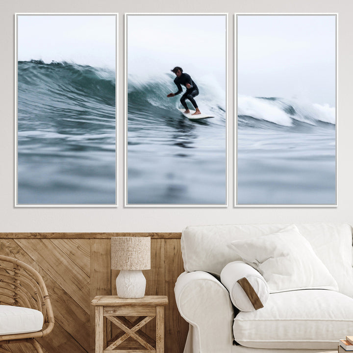 11693607-MGV-CV-36X24-Surfer on Wave Wall Art Canvas Print, Ocean Adventure Print, Framed Motion Blur Water Art Print, Large Deep Blue Surf Printing