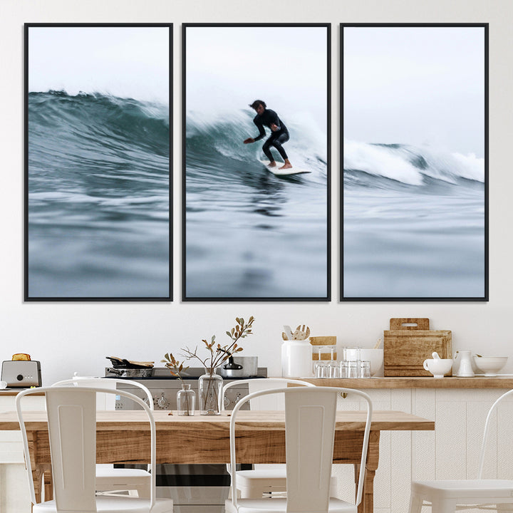 11693607-MGV-CV-36X24-Surfer on Wave Wall Art Canvas Print, Ocean Adventure Print, Framed Motion Blur Water Art Print, Large Deep Blue Surf Printing