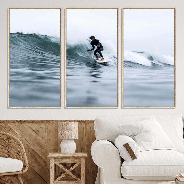 11693607-MGV-CV-36X24-Surfer on Wave Wall Art Canvas Print, Ocean Adventure Print, Framed Motion Blur Water Art Print, Large Deep Blue Surf Printing