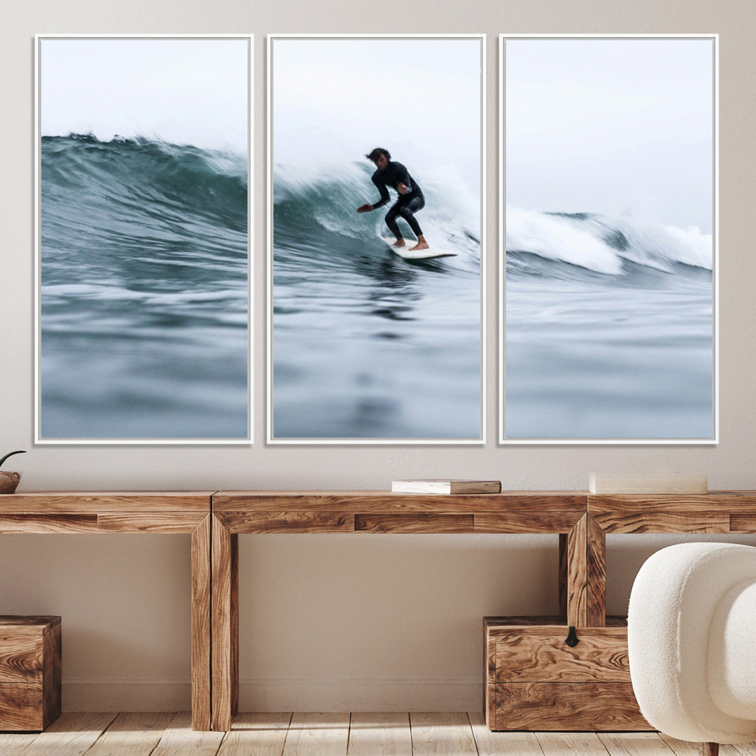 11693607-MGV-CV-36X24-Surfer on Wave Wall Art Canvas Print, Ocean Adventure Print, Framed Motion Blur Water Art Print, Large Deep Blue Surf Printing