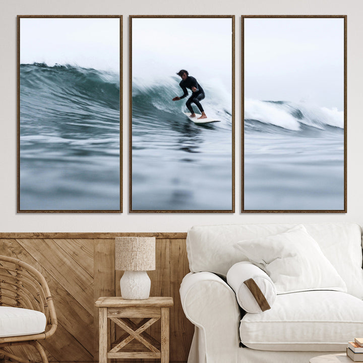 11693607-MGV-CV-36X24-Surfer on Wave Wall Art Canvas Print, Ocean Adventure Print, Framed Motion Blur Water Art Print, Large Deep Blue Surf Printing