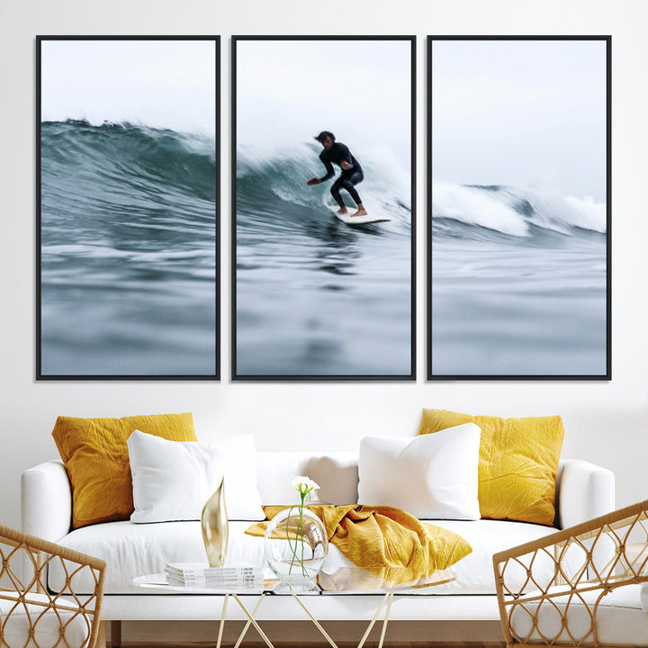11693607-MGV-CV-36X24-Surfer on Wave Wall Art Canvas Print, Ocean Adventure Print, Framed Motion Blur Water Art Print, Large Deep Blue Surf Printing