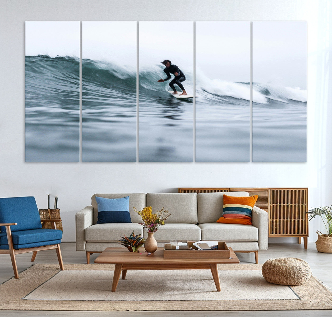 11693607-MGV-CV-36X24-Surfer on Wave Wall Art Canvas Print, Ocean Adventure Print, Framed Motion Blur Water Art Print, Large Deep Blue Surf Printing