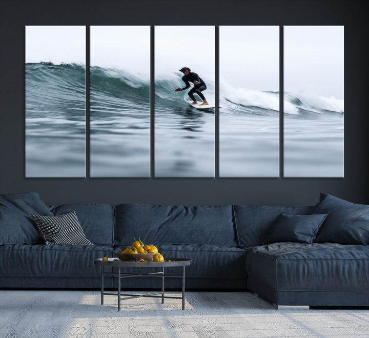 11693607-MGV-CV-36X24-Surfer on Wave Wall Art Canvas Print, Ocean Adventure Print, Framed Motion Blur Water Art Print, Large Deep Blue Surf Printing