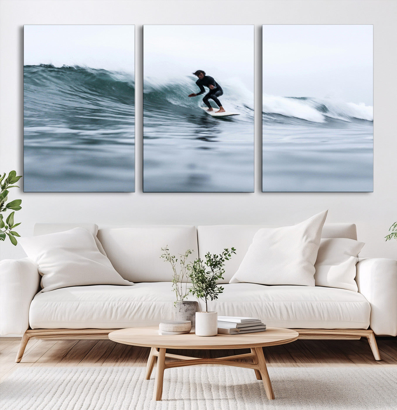 11693607-MGV-CV-60X30-3P-Surfer on Wave Wall Art Canvas Print, Ocean Adventure Print, Framed Motion Blur Water Art Print, Large Deep Blue Surf Printing