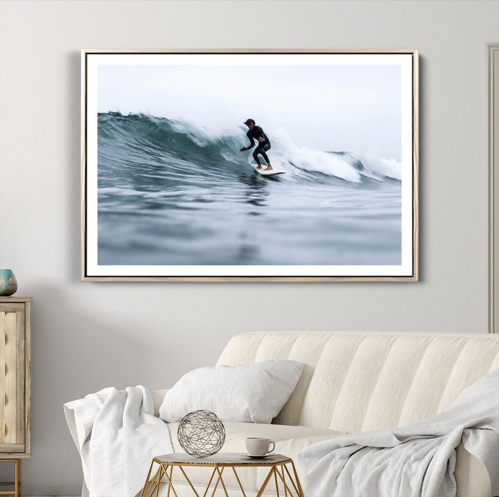Surfer on Wave Wall Art Canvas Print, Ocean Adventure Print, Framed Motion Blur Water Art Print, Large Deep Blue Surf Printing