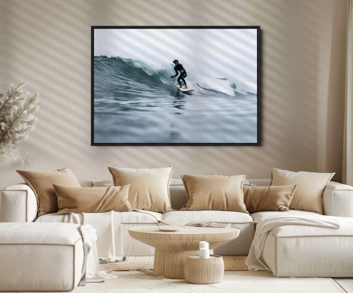 Surfer on Wave Wall Art Canvas Print, Ocean Adventure Print, Framed Motion Blur Water Art Print, Large Deep Blue Surf Printing