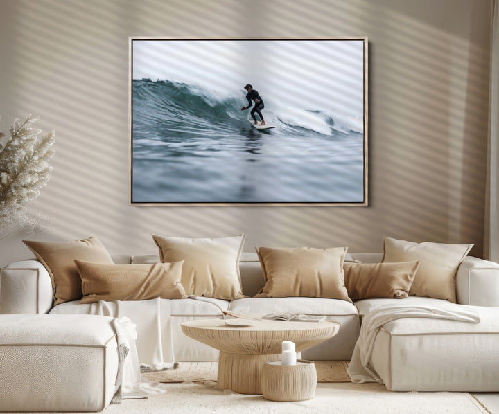 Surfer on Wave Wall Art Canvas Print, Ocean Adventure Print, Framed Motion Blur Water Art Print, Large Deep Blue Surf Printing
