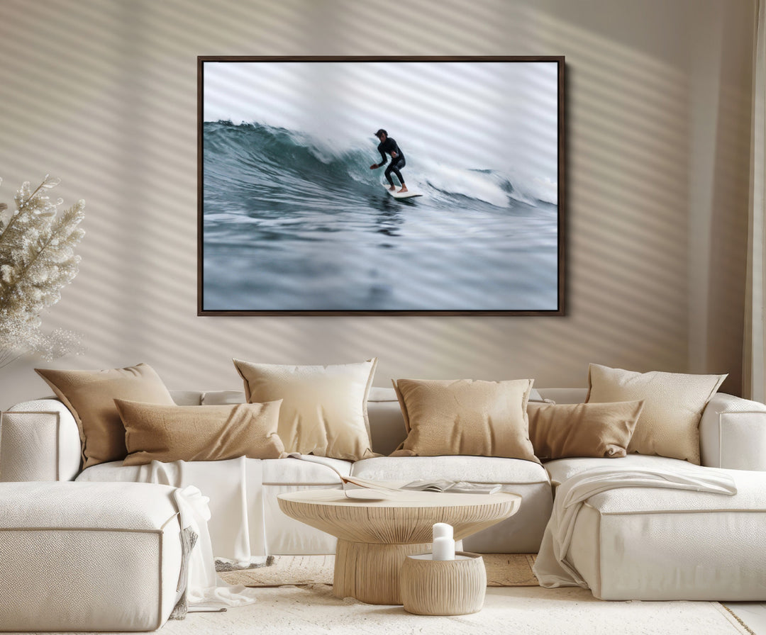 Surfer on Wave Wall Art Canvas Print, Ocean Adventure Print, Framed Motion Blur Water Art Print, Large Deep Blue Surf Printing