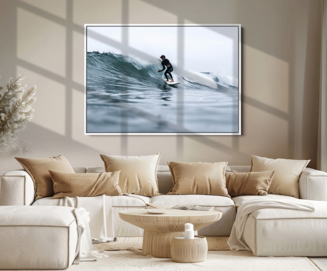 Surfer on Wave Wall Art Canvas Print, Ocean Adventure Print, Framed Motion Blur Water Art Print, Large Deep Blue Surf Printing