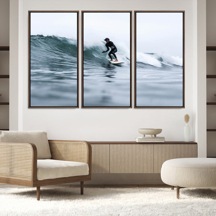 11693607-MGV-FC-48X32-3P_Walnut-Surfer on Wave Wall Art Canvas Print, Ocean Adventure Print, Framed Motion Blur Water Art Print, Large Deep Blue Surf Printing
