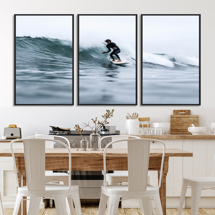 11693607-MGV-FC-60X30-3P_Black-Surfer on Wave Wall Art Canvas Print, Ocean Adventure Print, Framed Motion Blur Water Art Print, Large Deep Blue Surf Printing