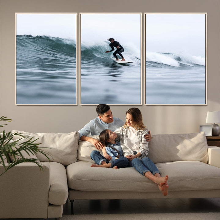 11693607-MGV-FC-60X30-3P_Natural-Surfer on Wave Wall Art Canvas Print, Ocean Adventure Print, Framed Motion Blur Water Art Print, Large Deep Blue Surf Printing