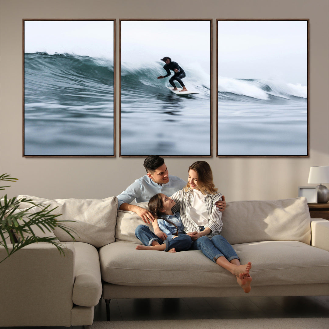 11693607-MGV-FC-60X30-3P_Walnut-Surfer on Wave Wall Art Canvas Print, Ocean Adventure Print, Framed Motion Blur Water Art Print, Large Deep Blue Surf Printing