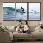11693607-MGV-FC-60X30-3P_Walnut-Surfer on Wave Wall Art Canvas Print, Ocean Adventure Print, Framed Motion Blur Water Art Print, Large Deep Blue Surf Printing