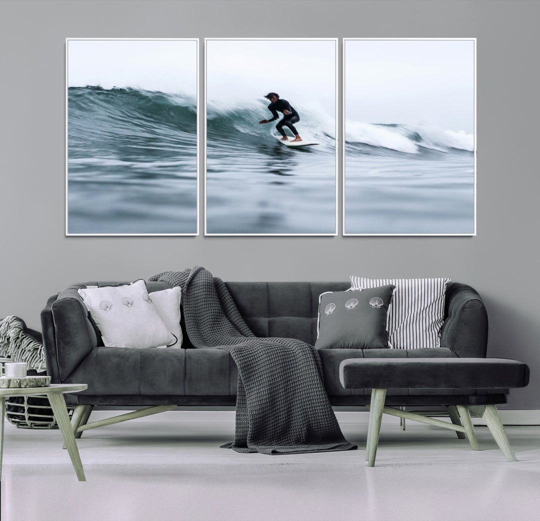 11693607-MGV-FC-60X30-3P_White-Surfer on Wave Wall Art Canvas Print, Ocean Adventure Print, Framed Motion Blur Water Art Print, Large Deep Blue Surf Printing