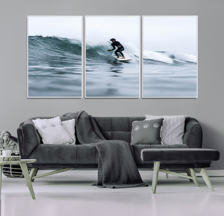 11693607-MGV-FC-60X30-3P_White-Surfer on Wave Wall Art Canvas Print, Ocean Adventure Print, Framed Motion Blur Water Art Print, Large Deep Blue Surf Printing