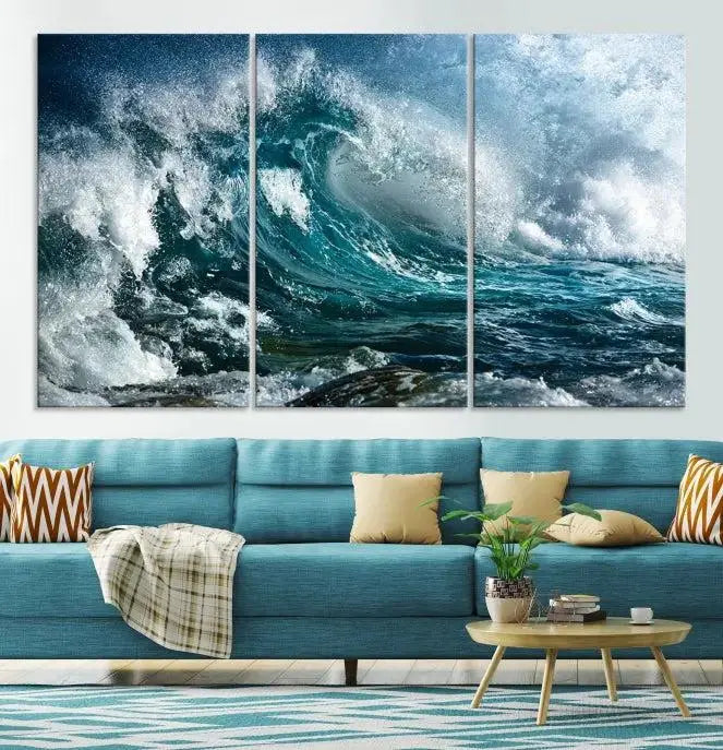 A triptych of the Surfing Wave Wall Art Canvas Print, featuring museum-quality canvases with UV-protective coating, adorns the wall.