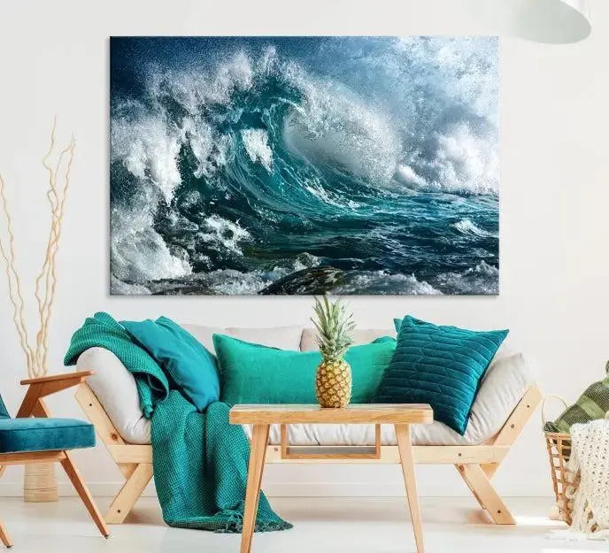 A triptych of the Surfing Wave Wall Art Canvas Print, featuring museum-quality canvases with UV-protective coating, adorns the wall.