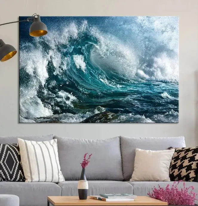 A triptych of the Surfing Wave Wall Art Canvas Print, featuring museum-quality canvases with UV-protective coating, adorns the wall.