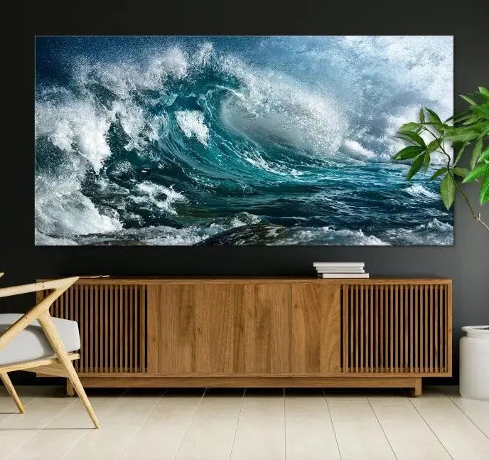 A triptych of the Surfing Wave Wall Art Canvas Print, featuring museum-quality canvases with UV-protective coating, adorns the wall.