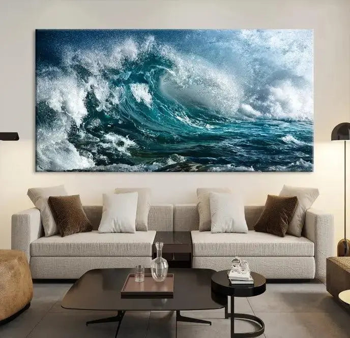 A triptych of the Surfing Wave Wall Art Canvas Print, featuring museum-quality canvases with UV-protective coating, adorns the wall.