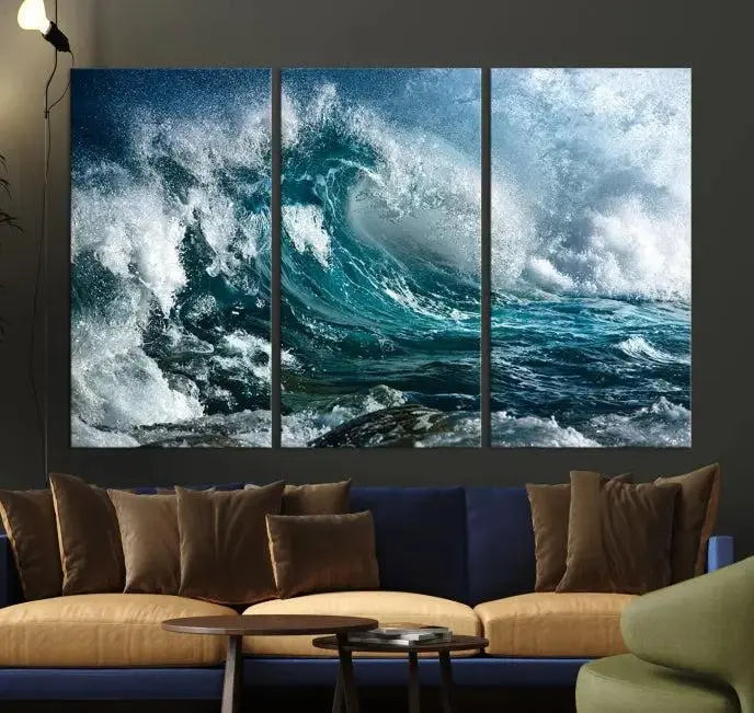 A triptych of the Surfing Wave Wall Art Canvas Print, featuring museum-quality canvases with UV-protective coating, adorns the wall.