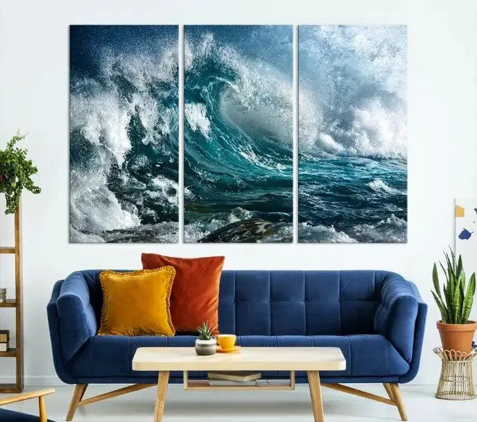 A triptych of the Surfing Wave Wall Art Canvas Print, featuring museum-quality canvases with UV-protective coating, adorns the wall.