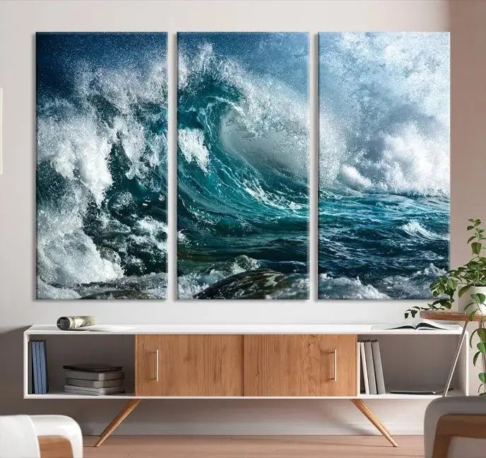 A triptych of the Surfing Wave Wall Art Canvas Print, featuring museum-quality canvases with UV-protective coating, adorns the wall.