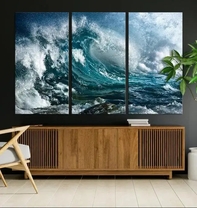 A triptych of the Surfing Wave Wall Art Canvas Print, featuring museum-quality canvases with UV-protective coating, adorns the wall.